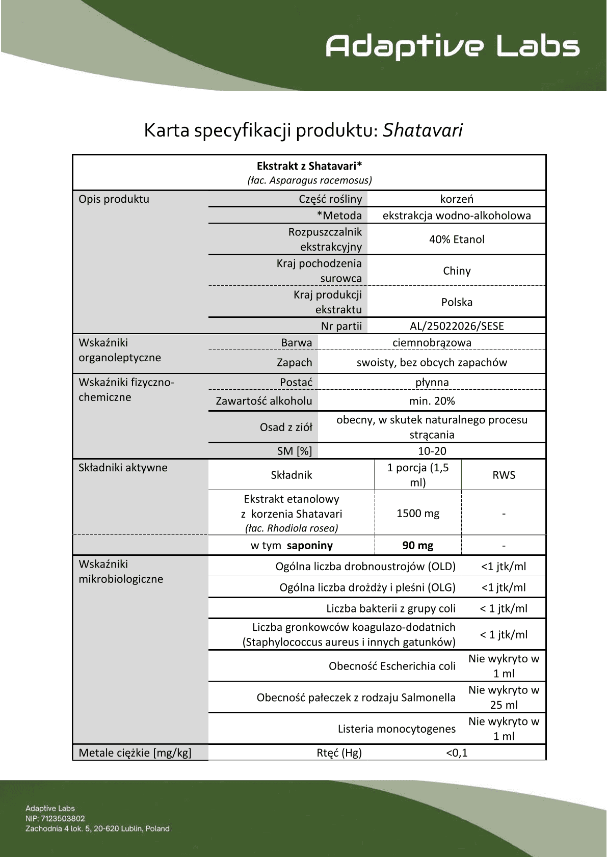 Podgląd specyfikacji Shatavari