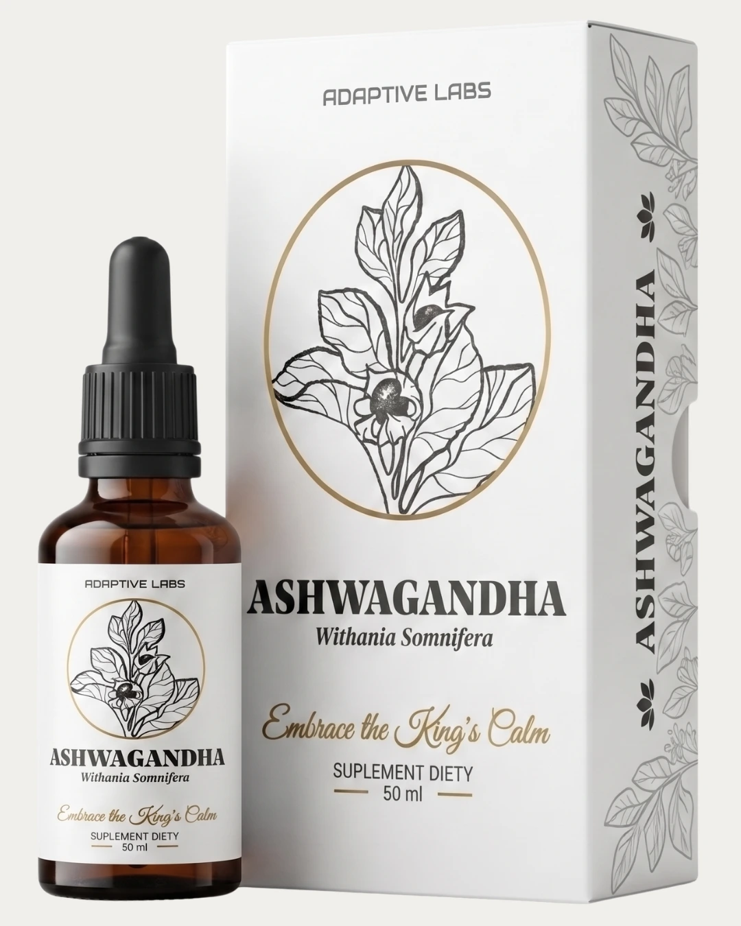 Ekstrakt z Ashwagandhy w kroplach - ciemna szklana buteleczka z pipetą oraz eleganckie opakowanie ochronne Adaptive Labs