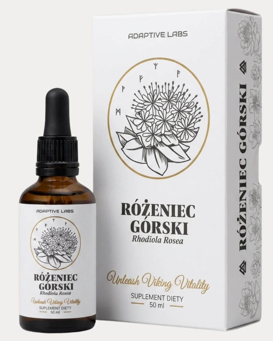 Ekstrakt z Różeńca górskiego w kroplach - ciemna szklana buteleczka z pipetą oraz eleganckie opakowanie ochronne Adaptive Labs