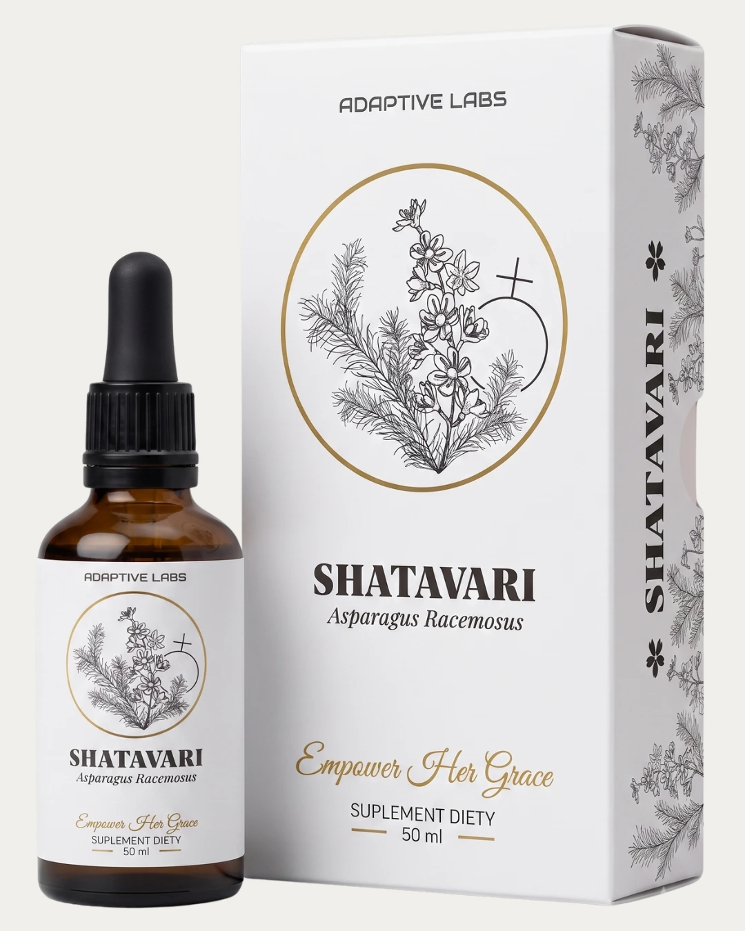 Ekstrakt z Shatavari w kroplach - ciemna szklana buteleczka z pipetą oraz eleganckie opakowanie ochronne Adaptive Labs
